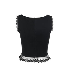 Sleeveless lace up lace hem top