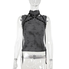 Sleeveless high neck buckle patchwork top