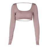 Long sleeve u neck backless solid top
