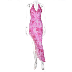 Tie dye ruffle halter mesh backless self tie irregular maxi dress | red tango dress