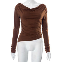 Cowl neck long sleeve solid off shoulder ruched top