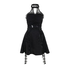 Halter ruffle hollow out lace hem mini dress