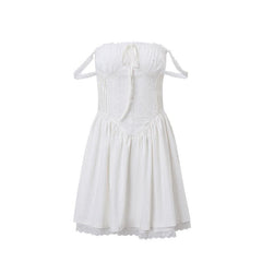 Lace hem lace up ruched backless square neck mini dress