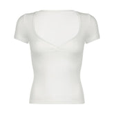 Short sleeve v neck lace hem solid top
