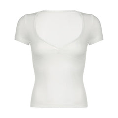 Short sleeve v neck lace hem solid top