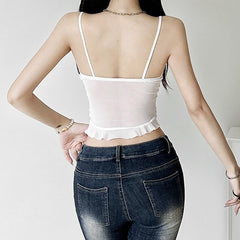 Bowknot ruffle mesh solid cami top