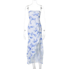Print ruffle ruched high slit tube maxi dress