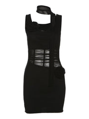 Cowl neck sheer mesh flower applique cami mini dress | red tango dress | samba dress