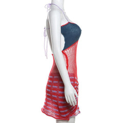 Halter ruched knitted hollow out mini dress | red tango dress