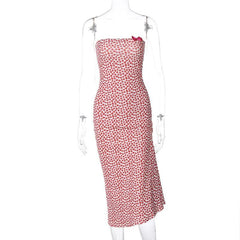 Heart print contrast slit bowknot backless tube midi dress | red tango dress