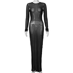 Long sleeve solid crewneck sheer mesh maxi dress | samba dress