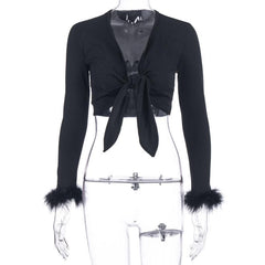 Feather knotted mesh see through long sleeve crop top