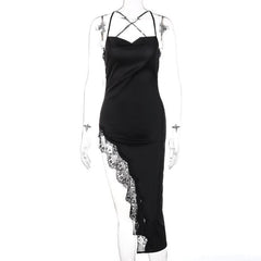 Hem lace slit satin cross open back dress | black rave dress | black rave dress