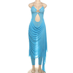 Metal chain halter ruched sheer mesh hollow out maxi dress | samba dress