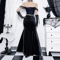 Velvet embroidery flower applique lace hem ruched maxi skirt