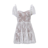 Short puff sleeve bowknot lace ruffle mini dress