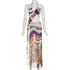 Halter print contrast high slit sheer mesh maxi dress | samba dress