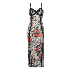 Leopard print sweetheart neck lace hem slit cami maxi dress