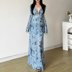 Long sleeve sheer mesh v neck print maxi dress | samba dress