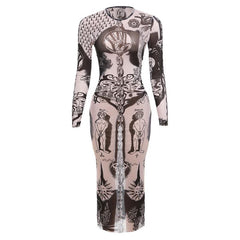 Sheer mesh abstract contrast see through long sleeve maxi dress | samba dress