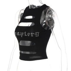 Sleeveless crewneck hollow out beaded contrast crop cut out top