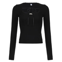 Self tie long sleeve square neck solid top