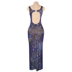 Print u neck hollow out sheer mesh cami maxi dress | samba dress