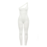 Irregular one shoulder zip-up solid hollow out jumpsuit