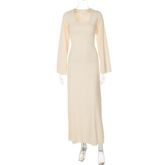 Long sleeve u neck ribbed solid maxi dress | red tango dress