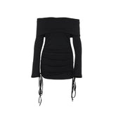 Long flared sleeve off shoulder drawstring mini dress