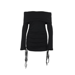 Long flared sleeve off shoulder drawstring mini dress