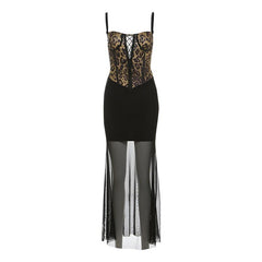 Leopard print mesh lace up cami maxi dress