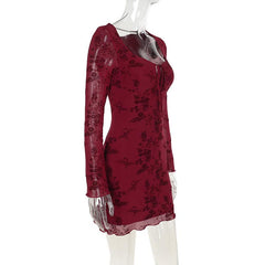 Long sleeve flower pattern mesh self tie mini dress | red tango dress