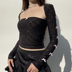 Hollow out bowknot contrast long sleeve shrug 2 piece tube cut out top