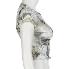 Short sleeve crewneck butterfly print sheer mesh top