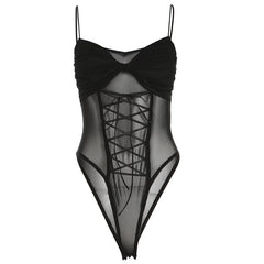 Ruched lace up mesh cami solid bodysuit