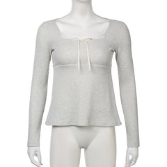 Long sleeve lace hem bowknot ribbed top