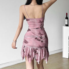 Sweetheart neck ruched buckle ruffle cami mini dress