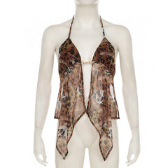 Halter leopard print mesh backless self tie top