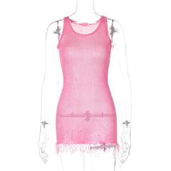 Sleeveless u neck tassels knitted mini dress | red tango dress