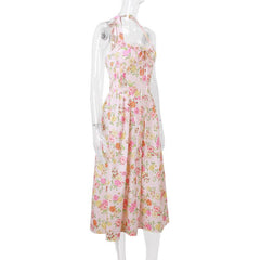 Halter print lace hem knotted maxi dress