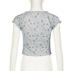 Short sleeve knotted ruffle ribbed print top