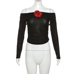 See through flower applique off shoulder ruched long sleeve top