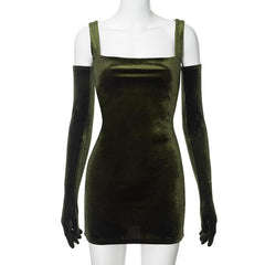 Velvet sleeveless gloves solid square neck mini dress | red tango dress