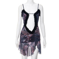 Double layered mesh ruffle hollow out cami cut out mini dress | red tango dress