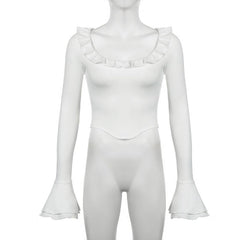 Long flared sleeve crewneck ruffle solid top