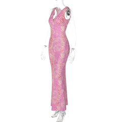 Sleeveless v neck print backless maxi dress