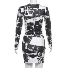 Long sleeve print crewneck mini skirt set