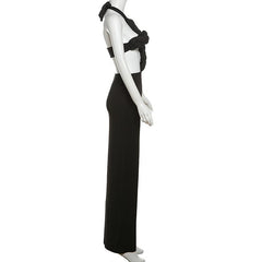 Self tie halter hollow out backless solid maxi dress