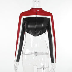 Contrast patchwork zip-up long sleeve PU leather to top jacket